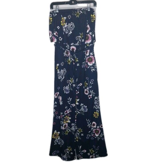 Eye Candy Romper Jumpsuit L Navy Blue Floral Wide Leg Flounce Boho Resortwear - Picture 1 of 8